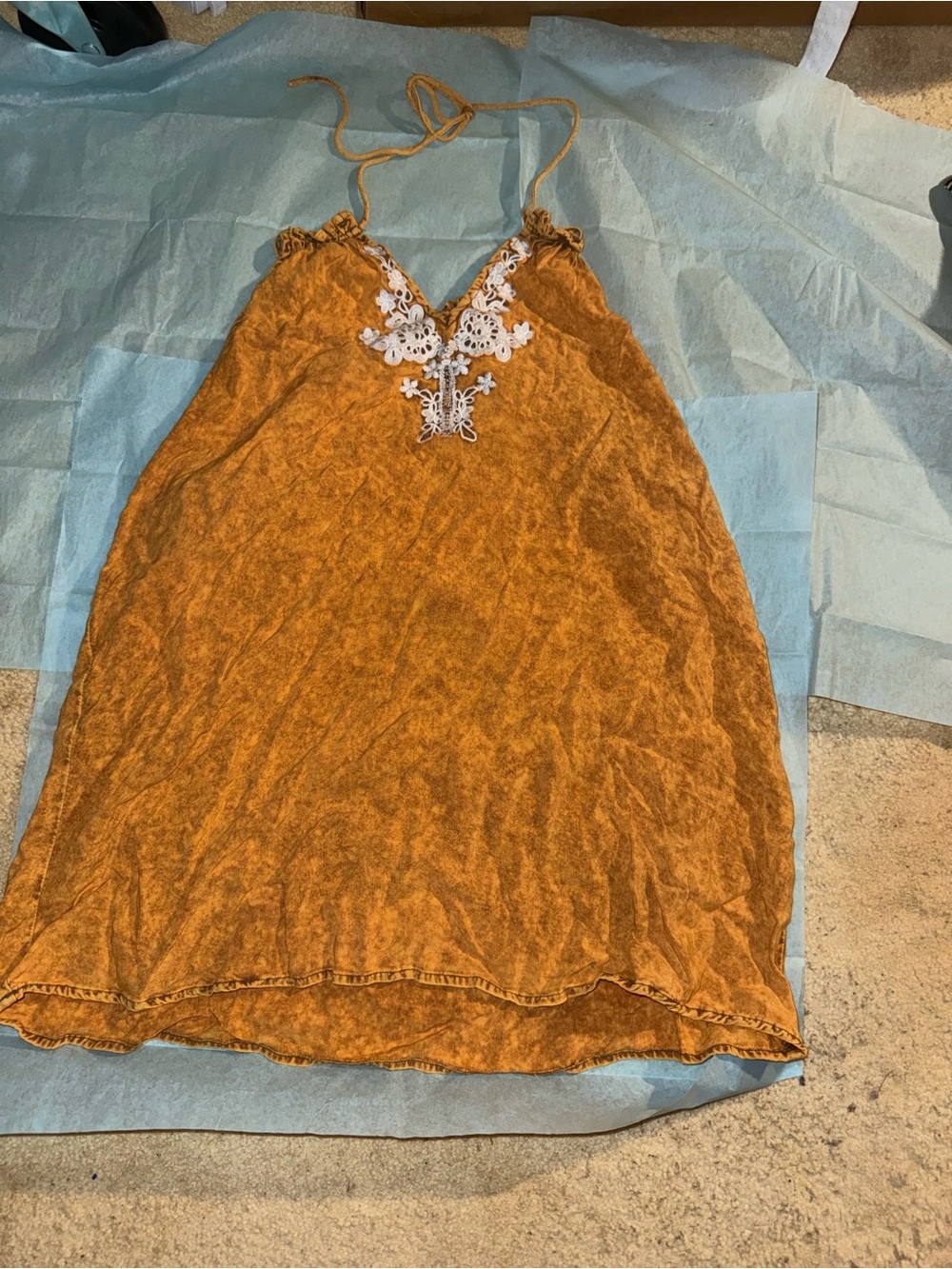 Hem & Thread Mustard Mineral Wash Embroidered Lace Cami Tank – Size Medium